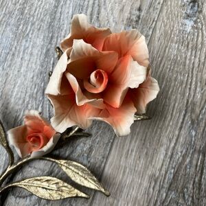 Handmade Vintage Porcelain Rose with Metal Branch